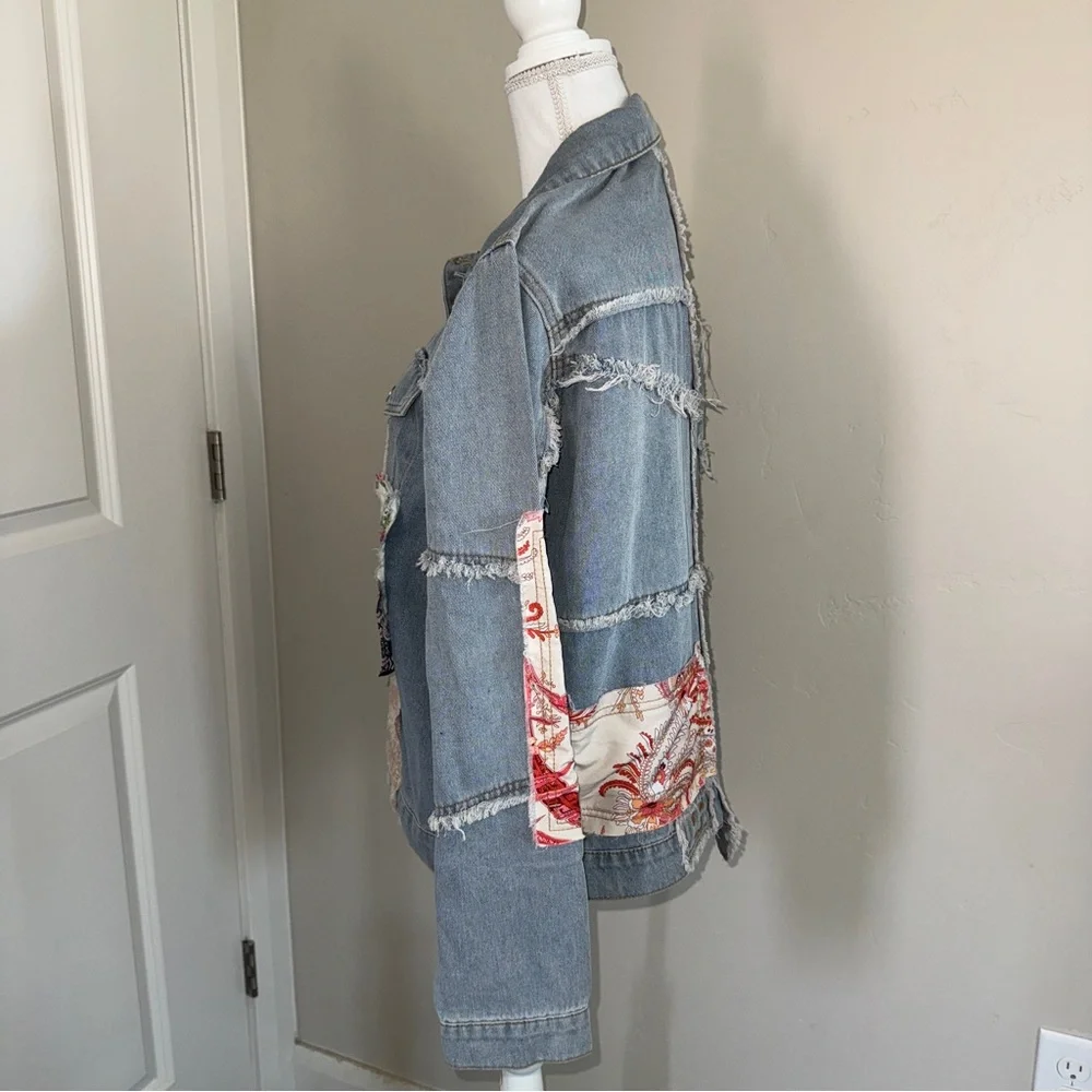 Patchwork Denim and Lace Jacket Distressed Boho Denim Shacket Mixed Floral Lace - Picture 8 of 17
